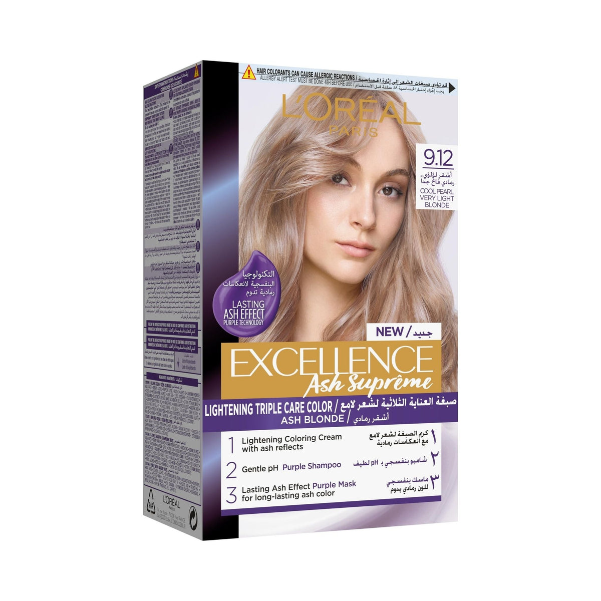 Refect Beauty L'Oreal Paris Excellence Ash Supreme 9.12 Cool Pearl Very Light Blonde hair color box with model photo