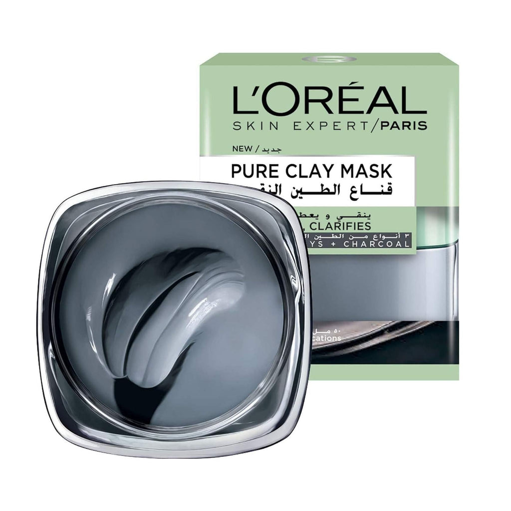 Refect Beauty L'oreal Paris Pure Clay Charcoal face mask jar with detoxifying grey clay cream and product packaging