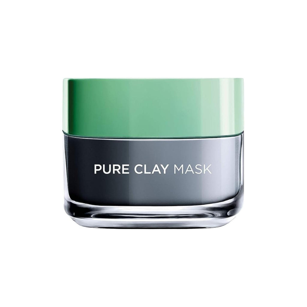 Refect Beauty L'oreal Paris Pure Clay Charcoal detoxifying face mask in a grey jar with a light green lid.