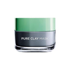 Refect Beauty L'oreal Paris Pure Clay Charcoal detoxifying face mask in a grey jar with a light green lid.