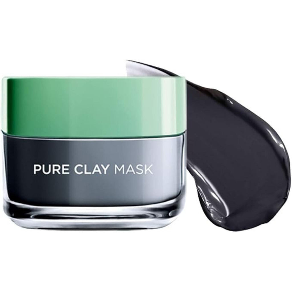 Refect Beauty L'oreal Paris Pure Clay Charcoal mask in a glass jar with a green lid and a black clay texture swatch