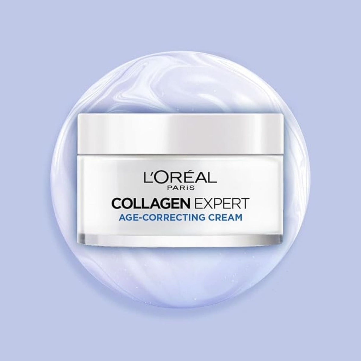 Refect Beauty L'Oréal Collagen Expert moisture-filling cream in a white jar against a soft lavender swirl background.
