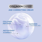 Refect Beauty L'Oréal Collagen Expert cream texture showing collagen peptides, glycerin, hyaluronic acid, and vitamin E