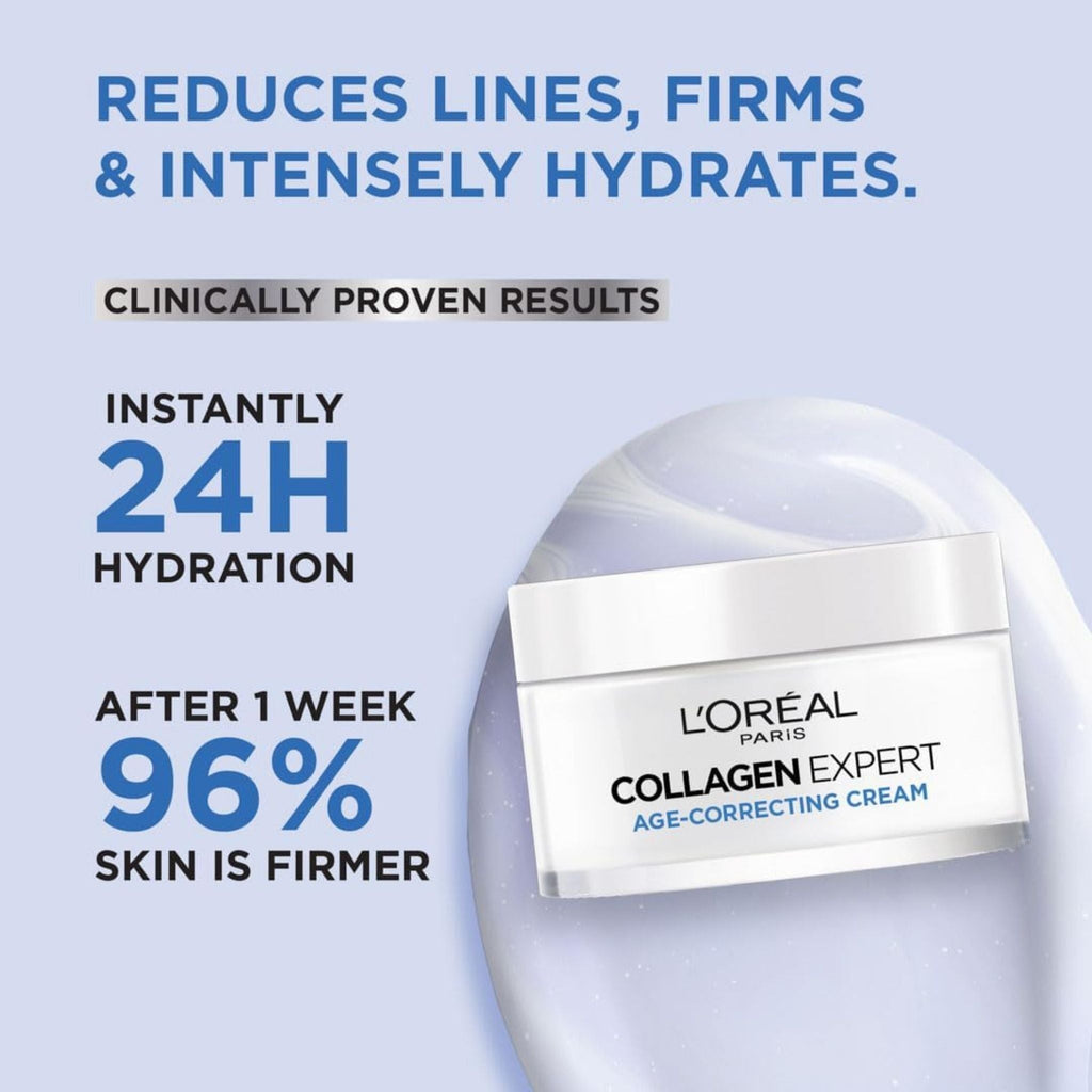 Refect Beauty L'Oréal Collagen Expert moisture-filling cream jar on a light purple background with skincare benefits.