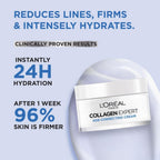 Refect Beauty L'Oréal Collagen Expert moisture-filling cream jar on a light purple background with skincare benefits.