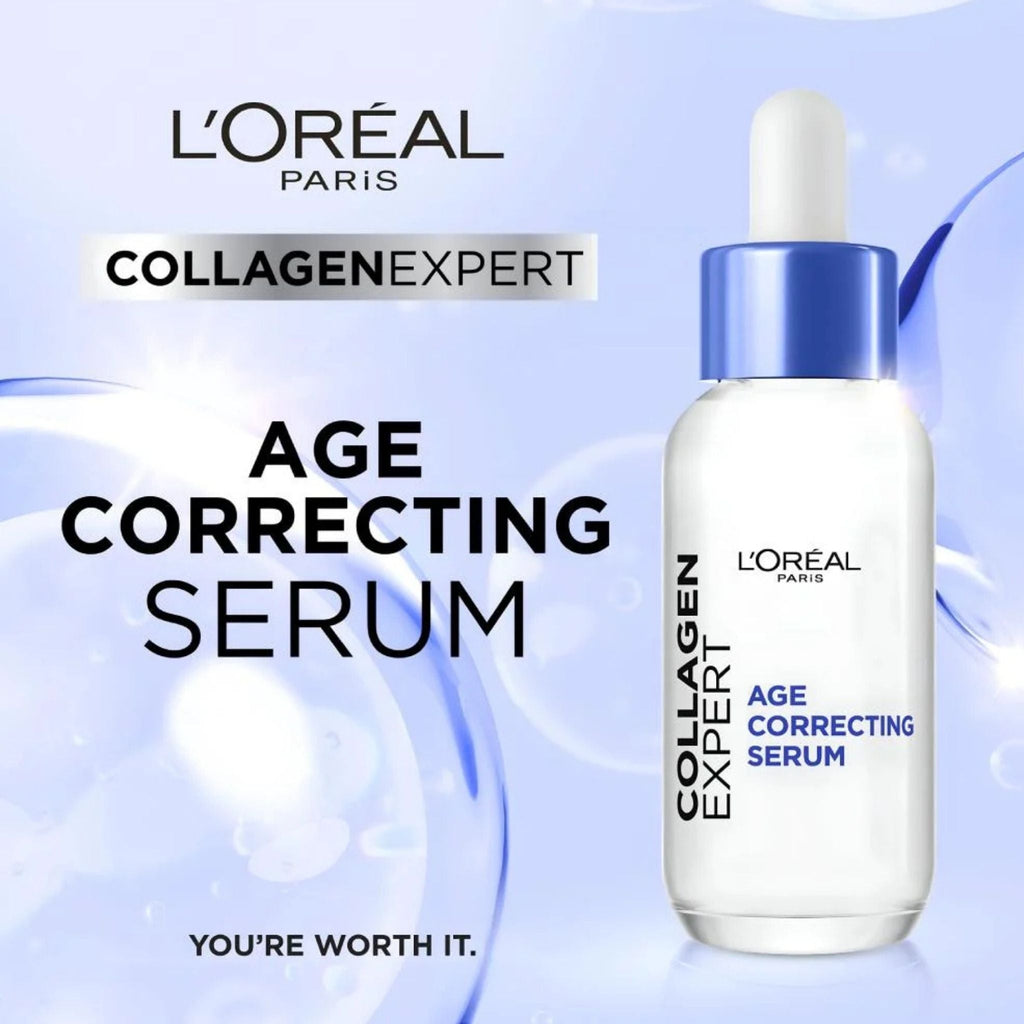 Refect Beauty L'Oréal Collagen Expert anti-aging facial serum bottle with dropper against a blue abstract background.