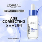 Refect Beauty L'Oréal Collagen Expert anti-aging facial serum bottle with dropper against a blue abstract background.
