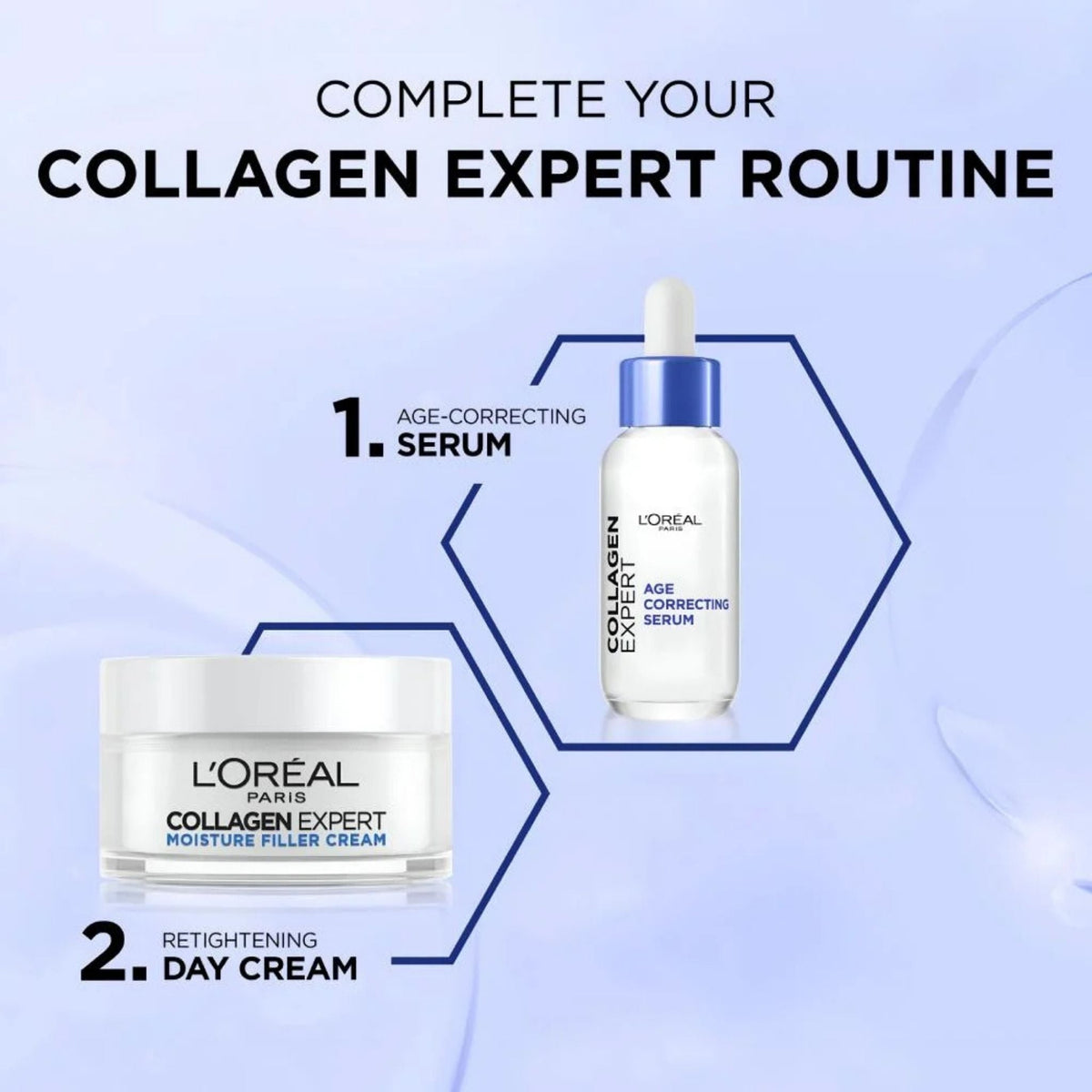 Refect Beauty L'Oréal Collagen Expert anti-aging serum and moisture filler cream set for a complete skincare routine.
