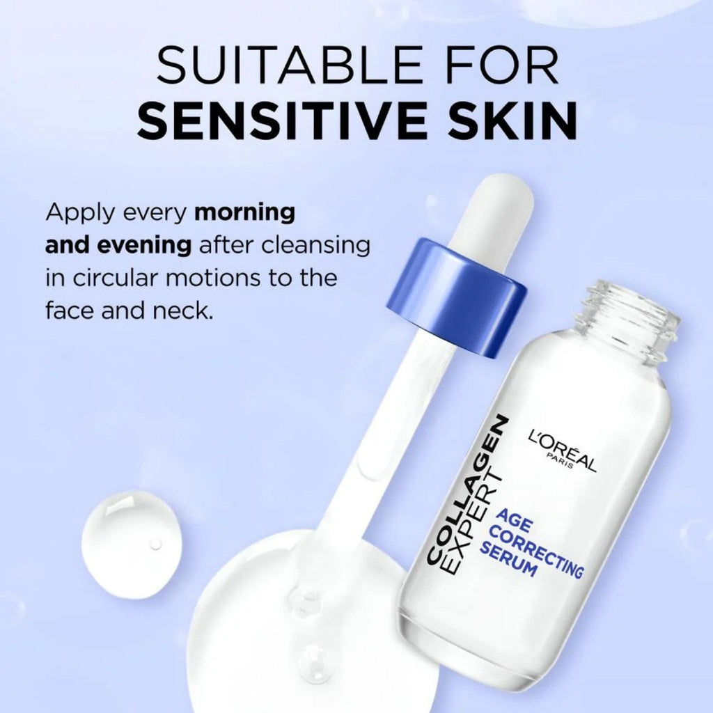 Refect Beauty L'Oréal Collagen Expert Serum bottle with dropper on a light blue background for sensitive skin