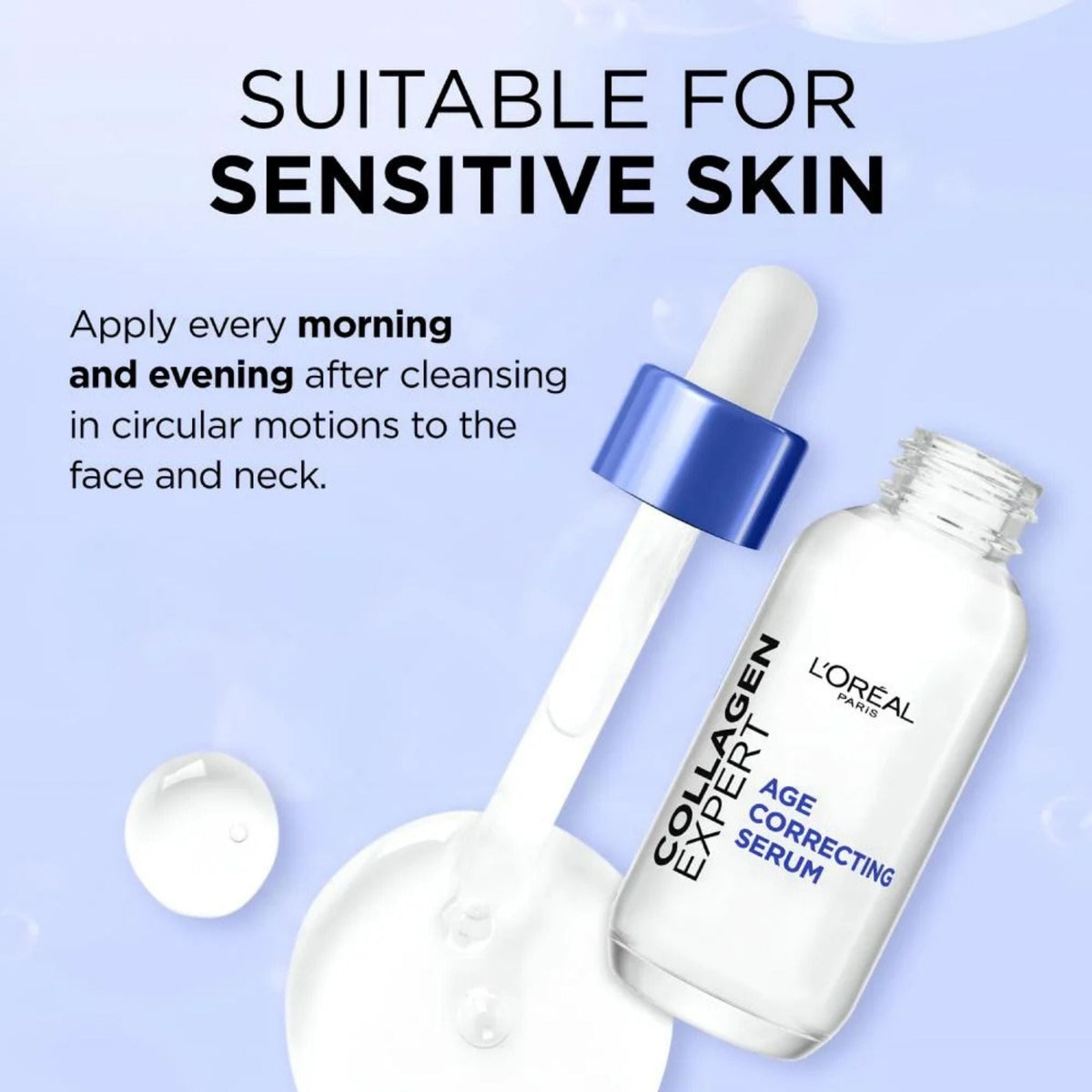 Refect Beauty L'Oréal Collagen Expert Serum bottle with dropper on a light blue background for sensitive skin