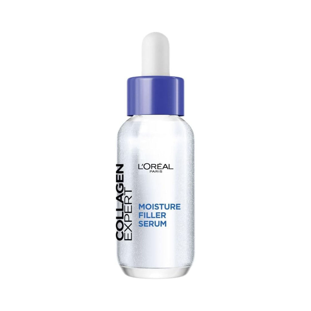 Refect Beauty L'Oréal Collagen Expert anti-aging facial serum in a clear glass bottle with a blue dropper cap.