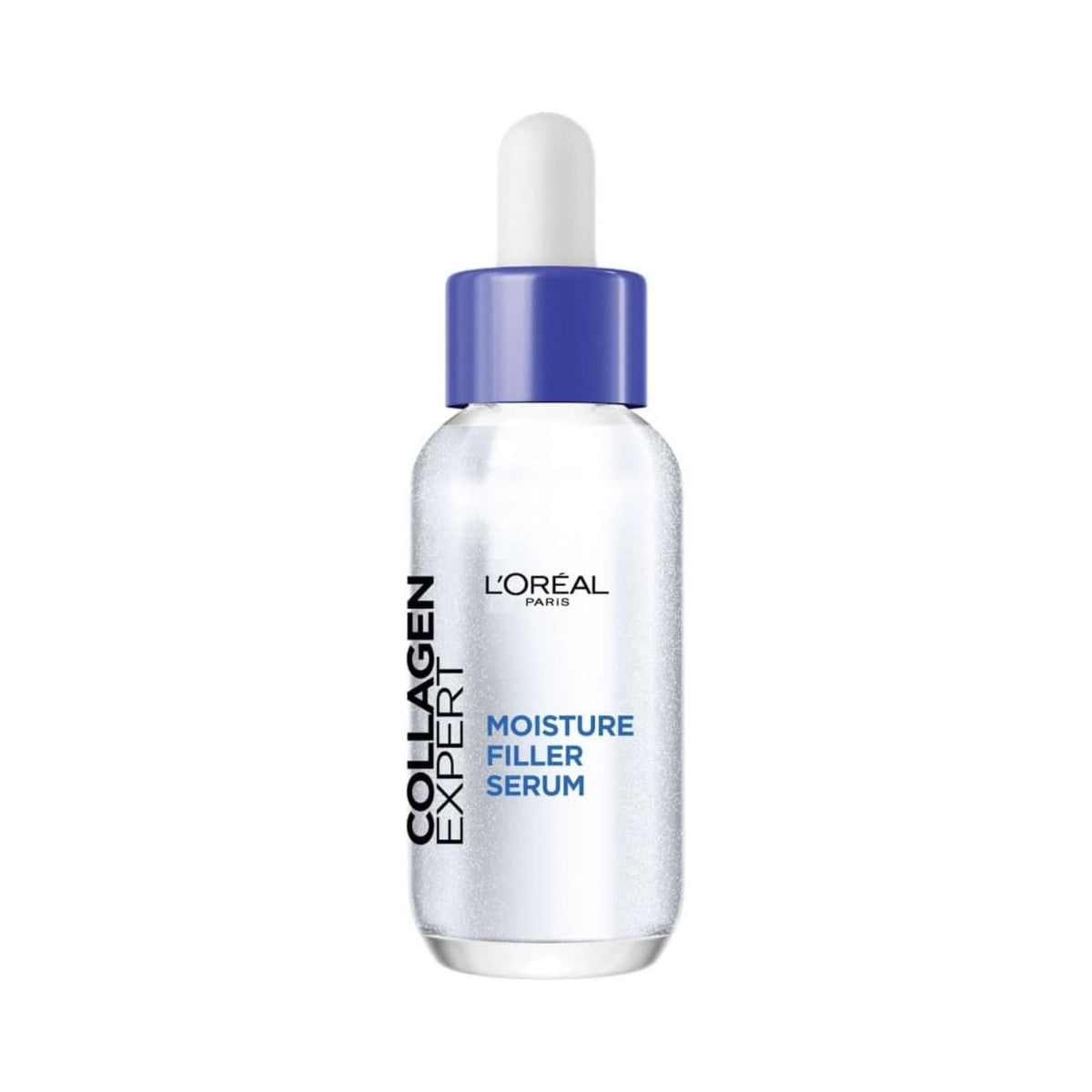 Refect Beauty L'Oréal Collagen Expert anti-aging facial serum in a clear glass bottle with a blue dropper cap.