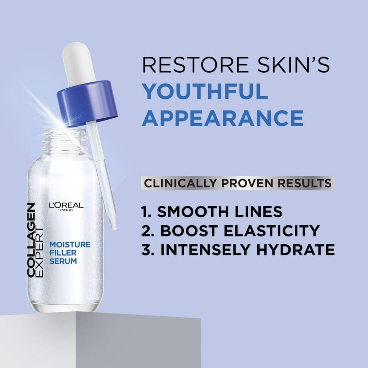 Refect Beauty L'Oréal Collagen Expert serum bottle with dropper against a light purple background with text benefits