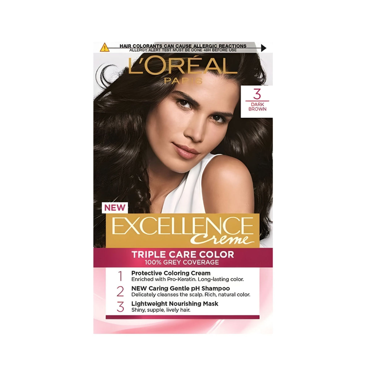 Refect Beauty L'Oreal Paris Excellence Cream permanent hair color box in shade 3 Dark Brown with model photo