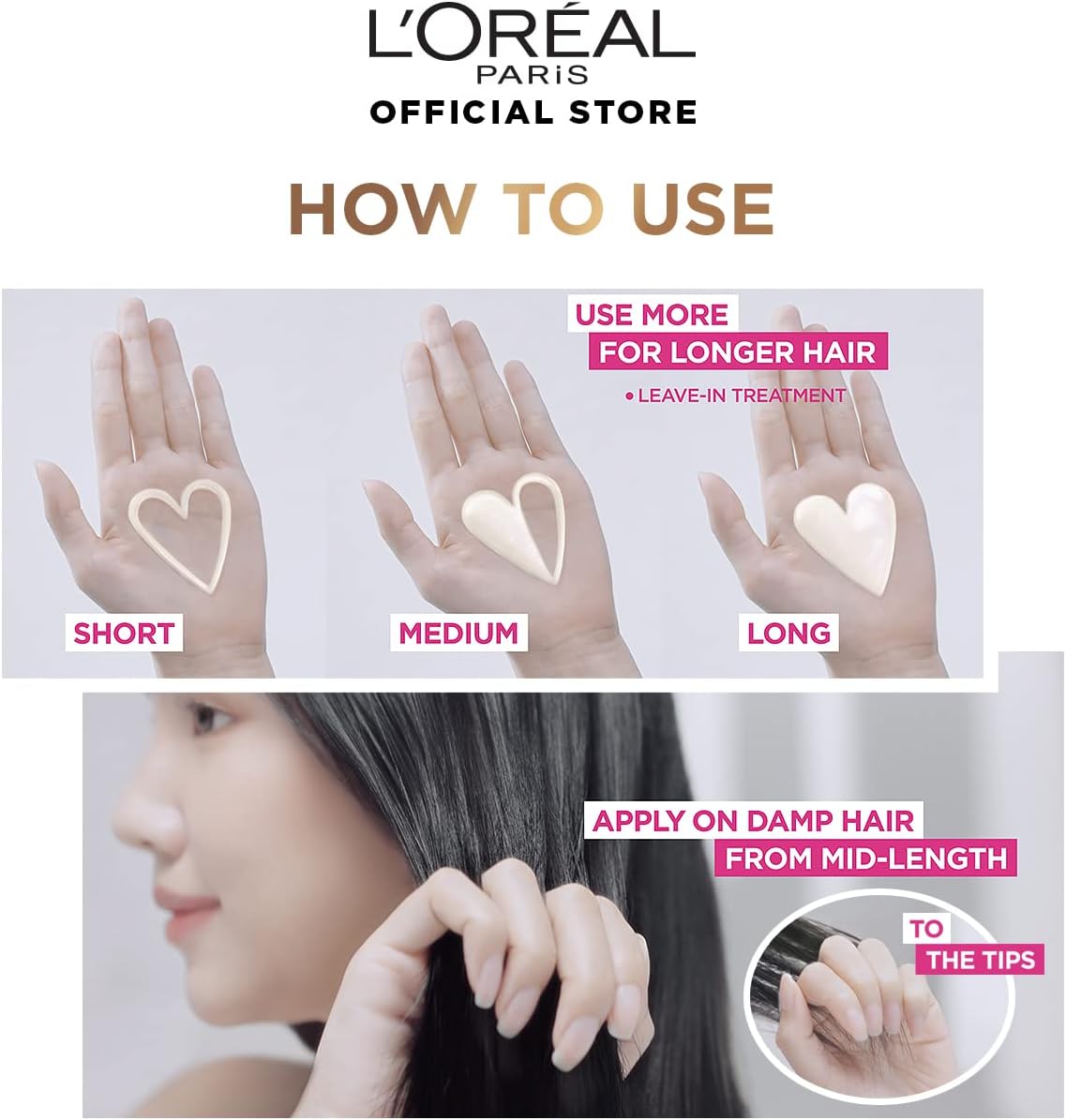 Refect Beauty L'Oreal Paris Dream Long No Hair Cut Cream application guide showing dosage for different hair lengths