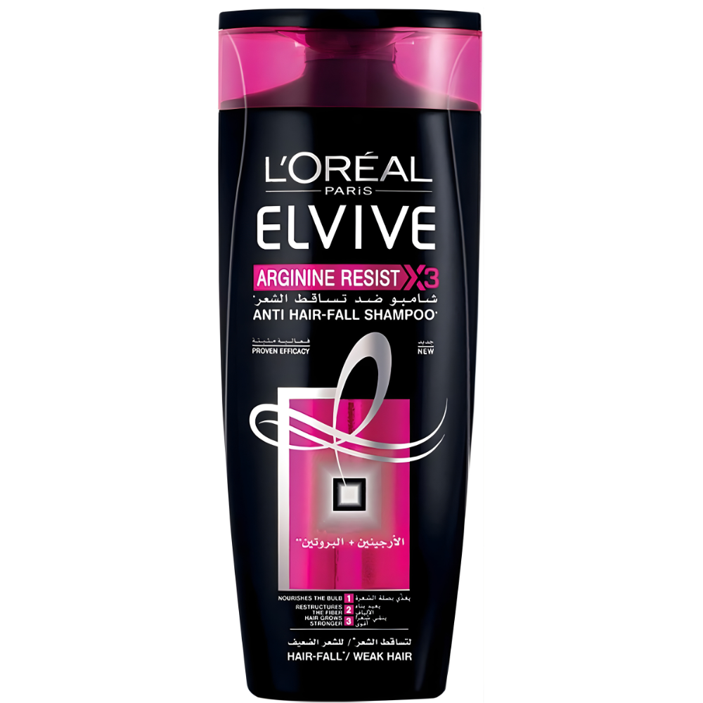 Refect Beauty L'Oreal Paris Elvive Arginine Resist X3 anti-hair fall shampoo bottle in black and pink packaging