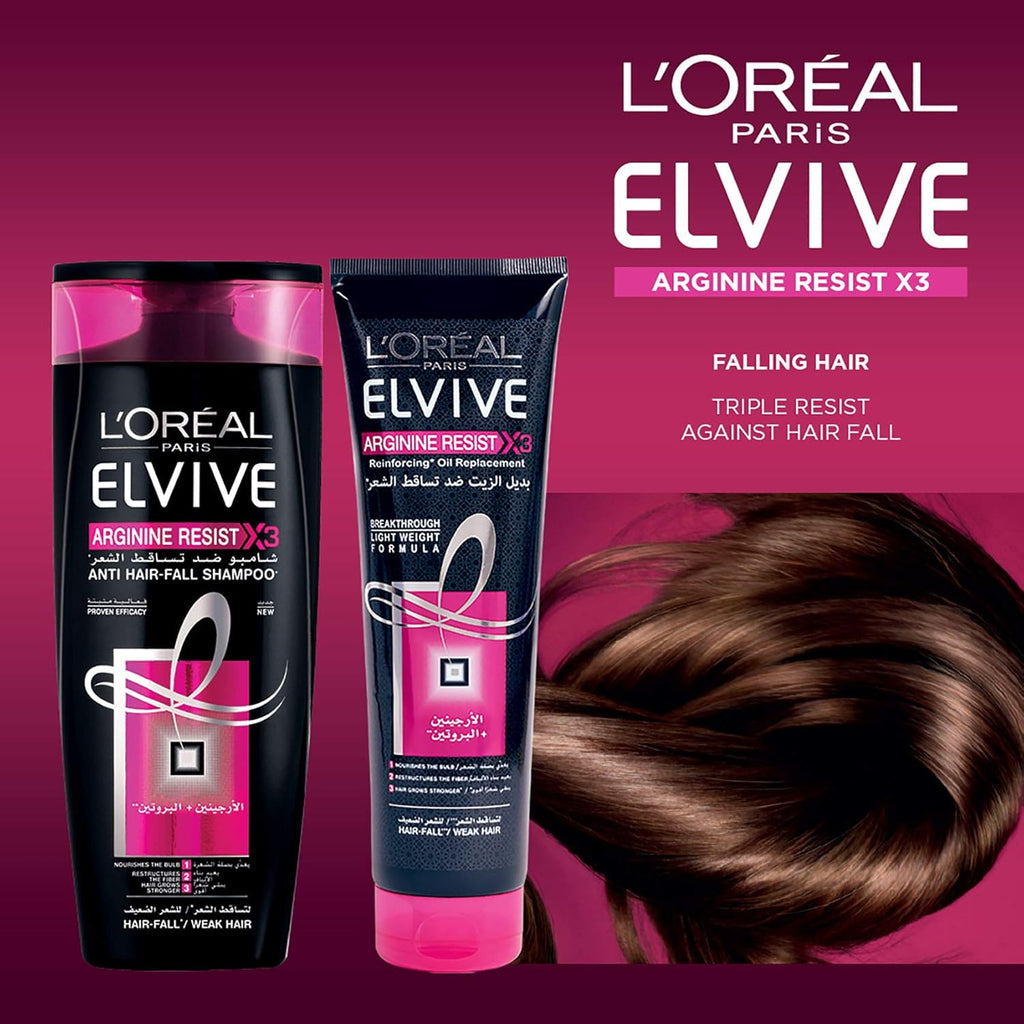 Refect Beauty L'Oreal Paris Elvive Arginine Resist X3 shampoo and oil replacement for fragile, thinning hair.