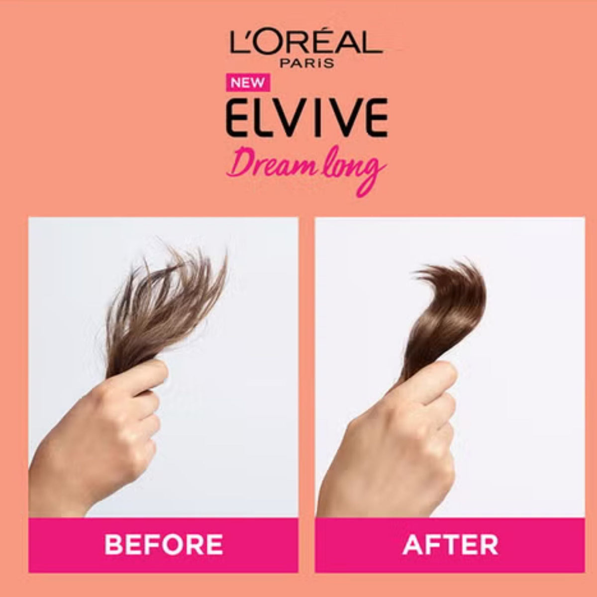 Refect Beauty L'Oreal Paris Elvive Dream Long conditioner showing before and after results on damaged hair ends