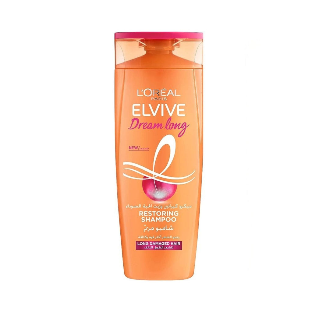 Refect Beauty L'Oréal Paris Elvive Dream Long restoring shampoo bottle for long and damaged hair in orange packaging