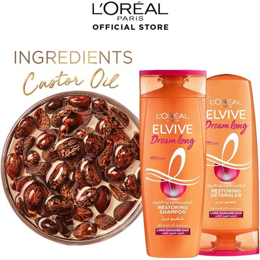 Refect Beauty L'Oréal Paris Elvive Dream Long shampoo and detangler bottles with castor oil ingredients