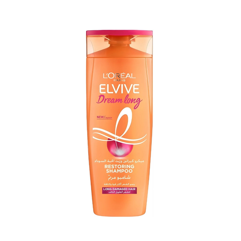 Refect Beauty L'Oreal Paris Elvive Dream Long Restoring Shampoo bottle for long, damaged hair in orange packaging