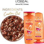 Refect Beauty L'Oreal Paris Elvive Dream Long shampoo and conditioner bottles next to a bowl of castor oil seeds.