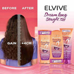 Refect Beauty L'Oreal Paris Elvive Dream Long Straight 72H conditioner bottles with a before and after hair comparison