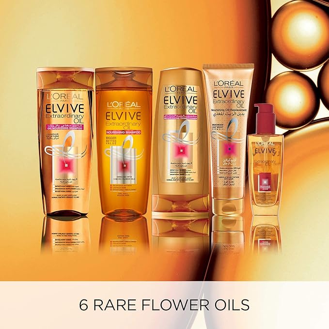 Refect Beauty L'Oreal Paris Elvive Extraordinary Oil hair care collection featuring shampoo, conditioner, and oil serum