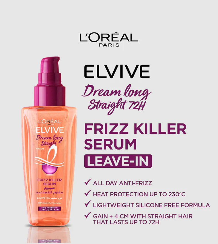 Refect Beauty L'Oreal Paris Elvive Dream Long Frizz Killer Serum in a pump bottle for heat protection and frizz control