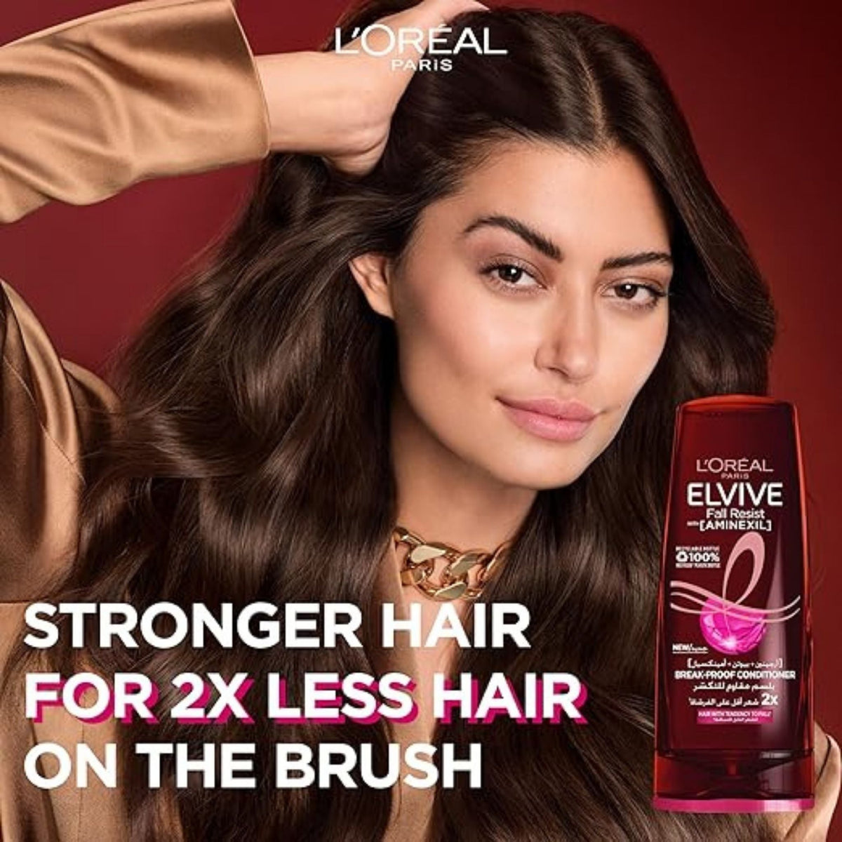Refect Beauty L'Oreal Paris Elvive Full Resist conditioner bottle next to a woman with healthy, shiny brown hair.