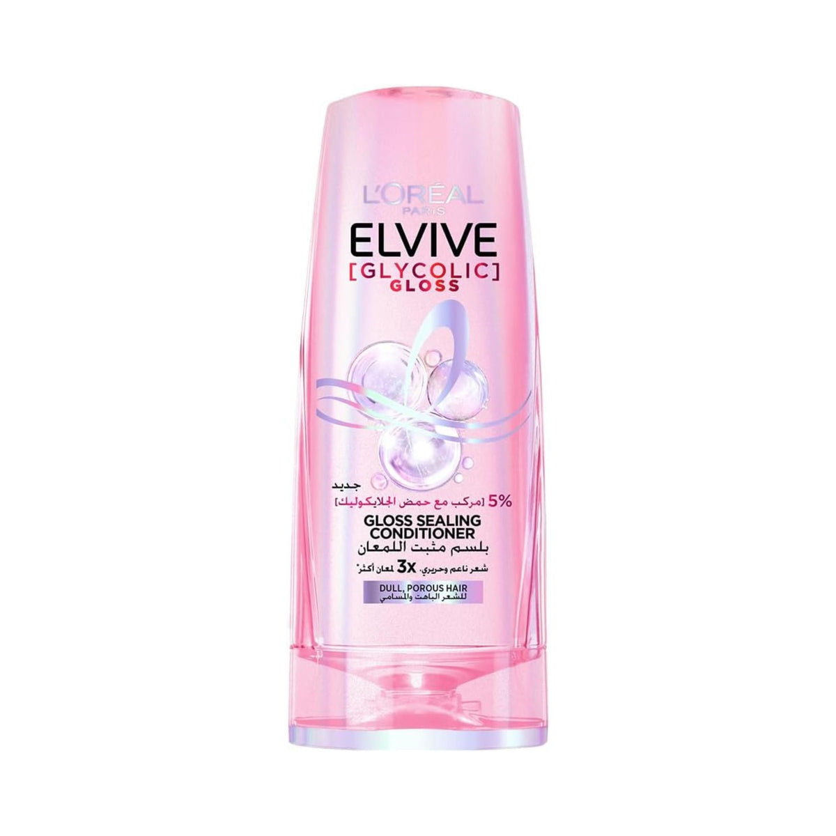 Refect Beauty L'Oreal Paris Elvive Glycolic Gloss conditioner bottle in translucent pink packaging for dull hair.