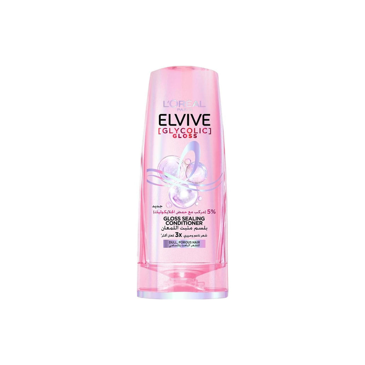 Refect Beauty L'Oreal Paris Elvive Glycolic Gloss Conditioner bottle for dull and porous hair with pink packaging.