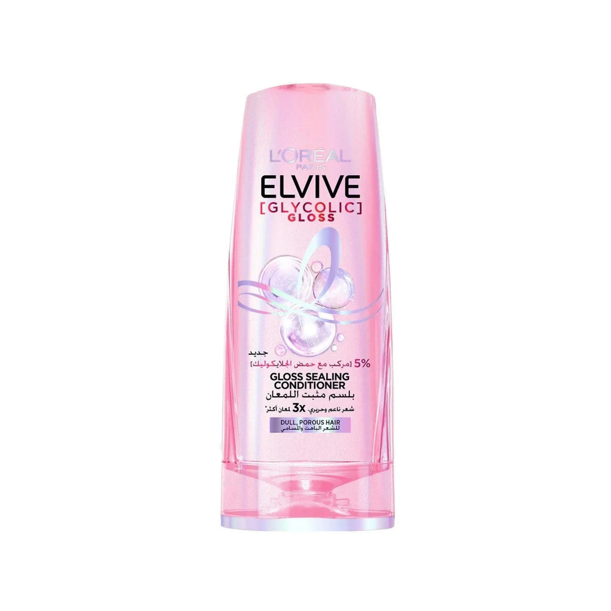 Refect Beauty L'Oréal Paris Elvive Glycolic Gloss conditioner bottle in pink packaging for shiny hair