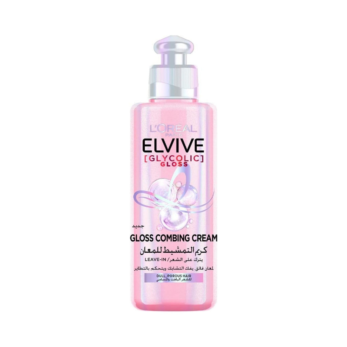 Refect Beauty L'Oreal Paris Elvive Glycolic Gloss leave-in combing cream in a pink bottle for shiny, smooth hair.