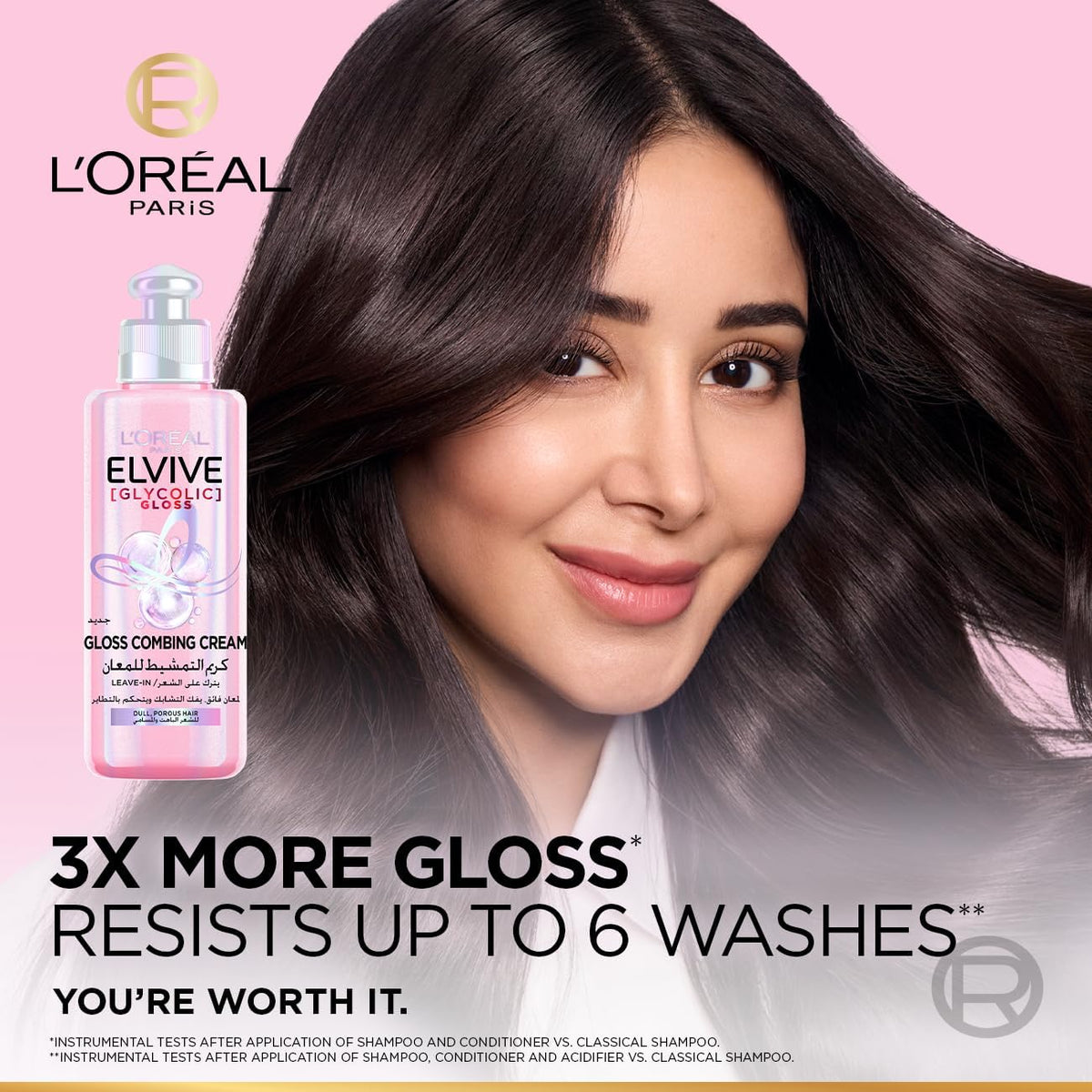 Refect Beauty L'Oreal Paris Elvive Glycolic Gloss leave-in cream bottle next to a woman with smooth, shiny dark hair.