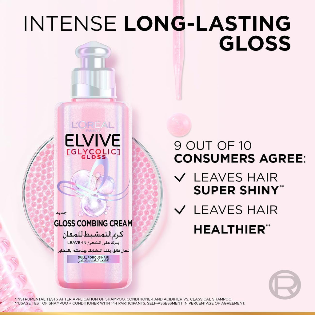 Refect Beauty L'Oreal Elvive Glycolic Gloss leave-in combing cream in a pink bottle for shiny, smooth hair.
