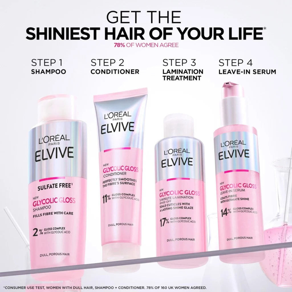 Refect Beauty L'Oréal Paris Elvive Glycolic Gloss hair care range including shampoo, conditioner, and leave-in serum.