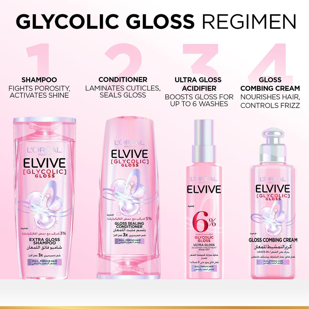 Refect Beauty L'Oreal Paris Elvive Glycolic Gloss hair care regimen featuring shampoo, conditioner, and treatments.