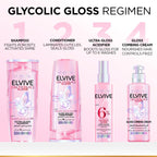 Refect Beauty L'Oreal Paris Elvive Glycolic Gloss hair care regimen featuring shampoo, conditioner, and treatments.