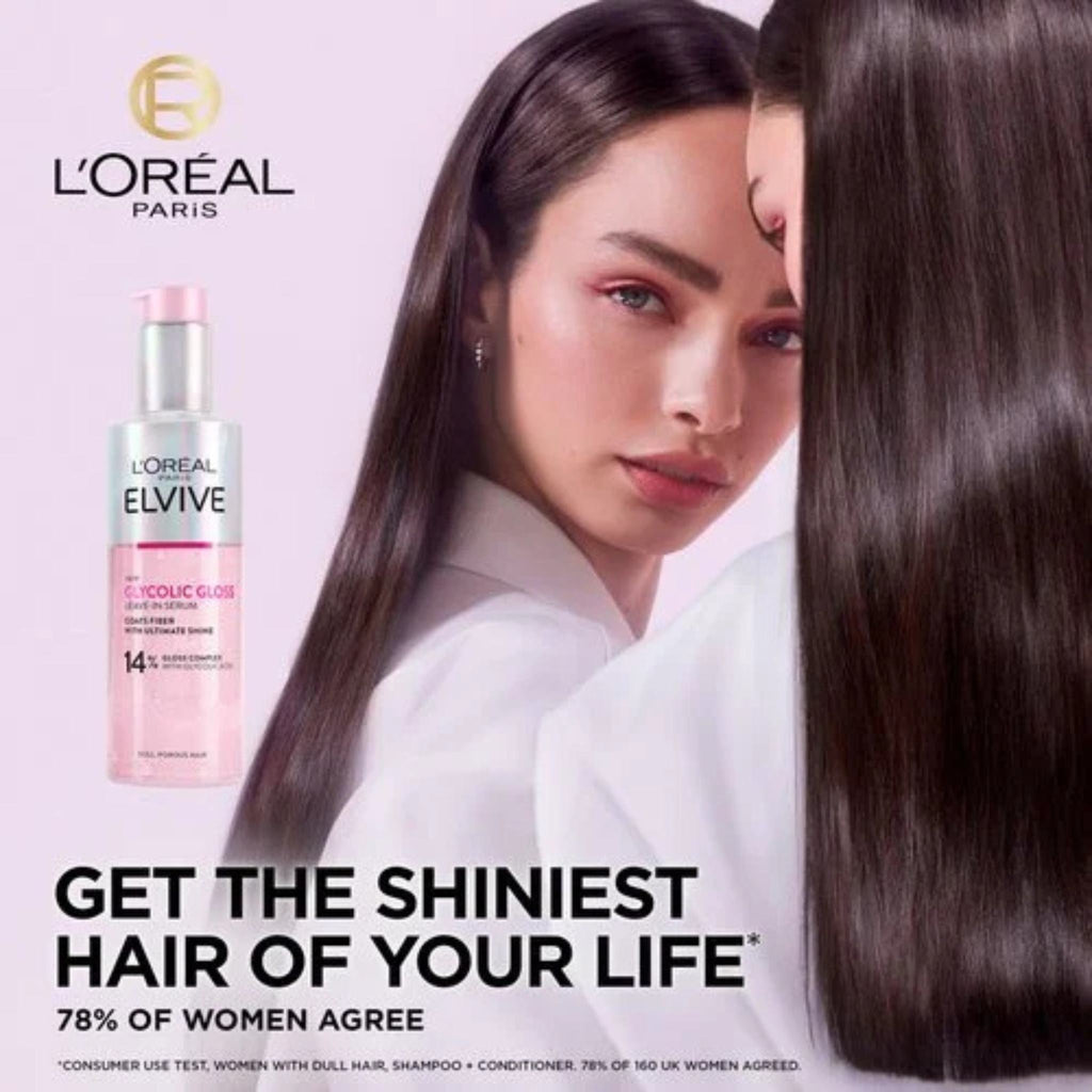 Refect Beauty L'Oréal Paris Elvive Glycolic Gloss Leave-In Serum bottle next to a woman with long, shiny dark hair.