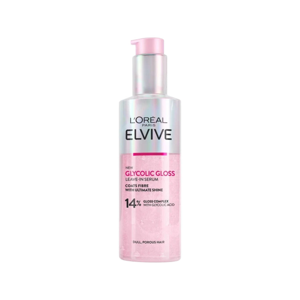 Refect Beauty L'Oréal Paris Elvive Glycolic Gloss leave-in hair serum in a pink pump bottle for shiny smooth hair