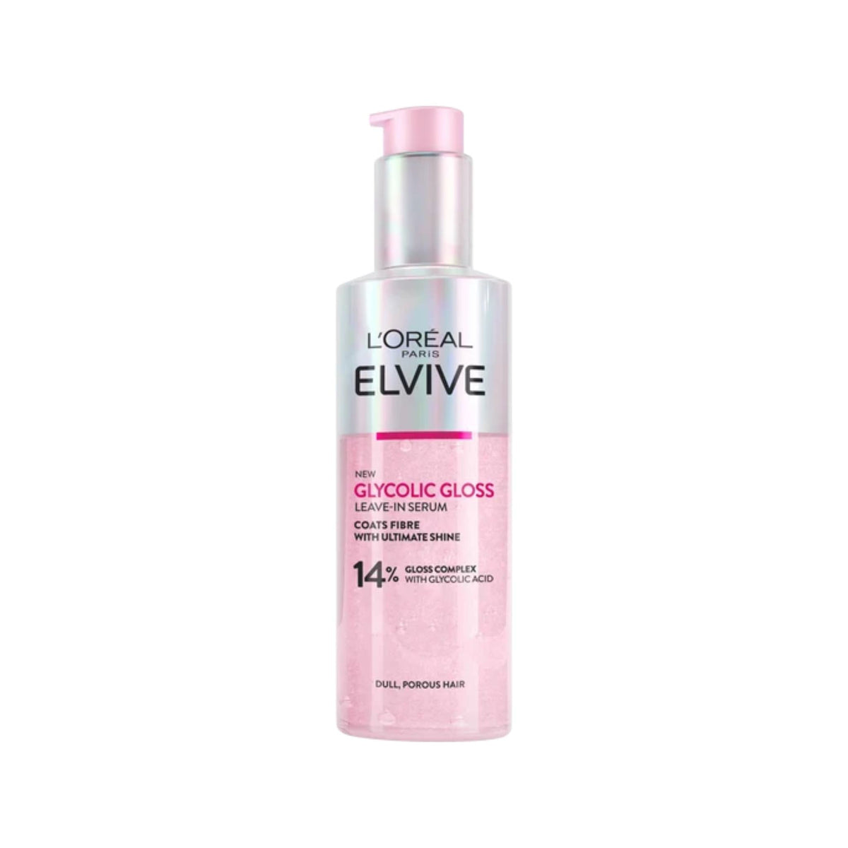 Refect Beauty L'Oréal Paris Elvive Glycolic Gloss leave-in hair serum in a pink pump bottle for shiny smooth hair