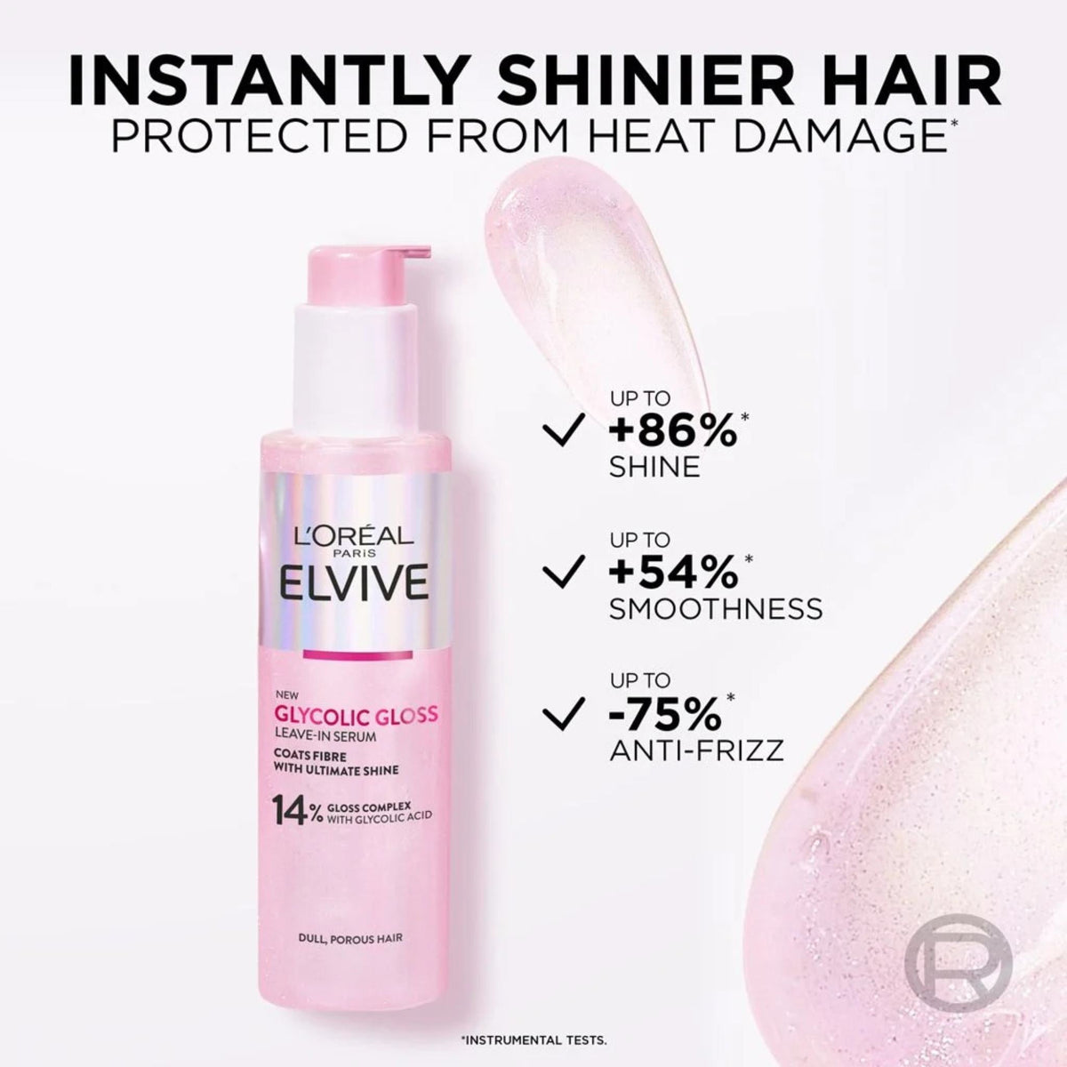 Refect Beauty L'Oréal Paris Elvive Glycolic Gloss leave-in serum bottle with pink packaging and product texture swatch