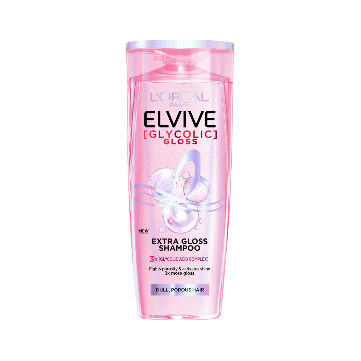 Refect Beauty L'Oreal Paris Elvive Glycolic Gloss Extra Gloss Shampoo bottle for dull and porous hair.