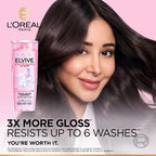 Refect Beauty L'Oreal Paris Elvive Glycolic Gloss shampoo bottle next to a woman with shiny, healthy dark hair.