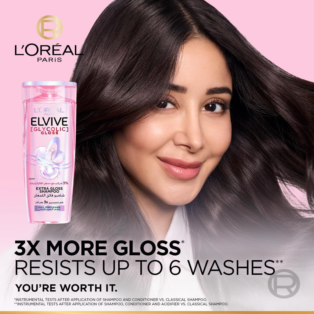 Refect Beauty L'Oreal Paris Elvive Glycolic Gloss shampoo bottle next to a woman with shiny, healthy dark hair.