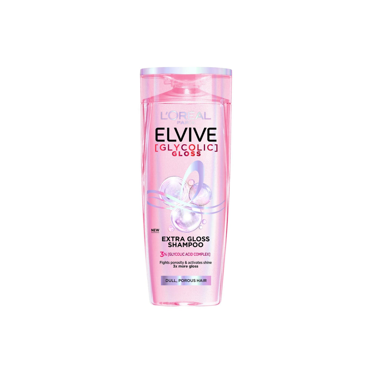 Refect Beauty L'Oreal Paris Elvive Glycolic Gloss Extra Gloss Shampoo in a pink bottle for dull and porous hair.