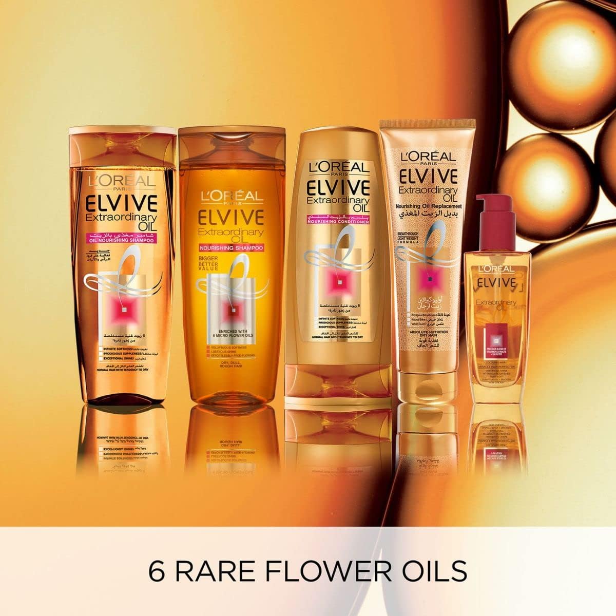 Refect Beauty L'Oreal Paris Elvive Extraordinary Oil hair care collection featuring shampoo, conditioner, and oil.