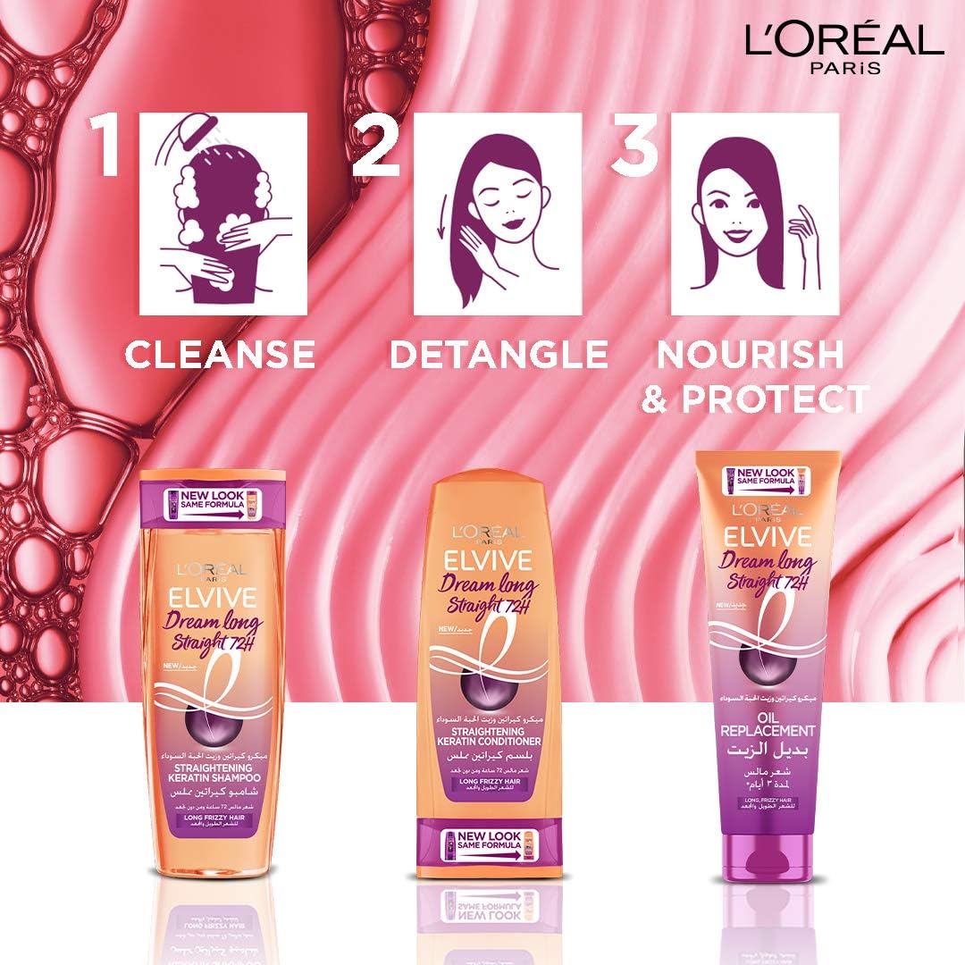 Refect Beauty L'Oreal Paris Elvive Dream Long hair care routine showing shampoo, conditioner, and oil replacement.