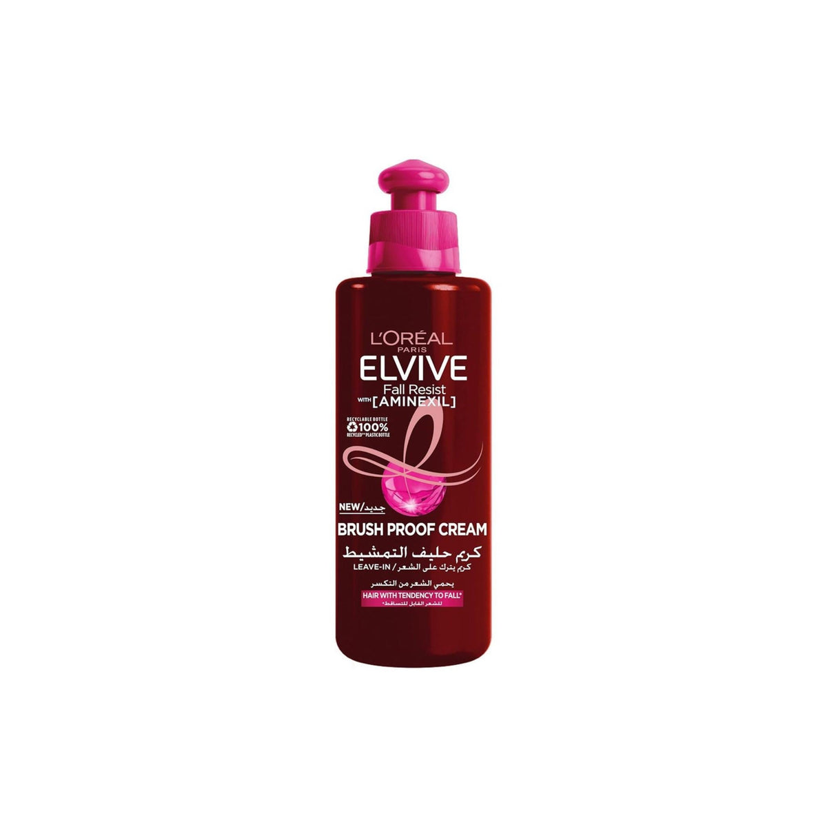 Refect Beauty L'Oréal Paris Elvive Full Resist leave-in hair cream in a dark red bottle with a bright pink pump.